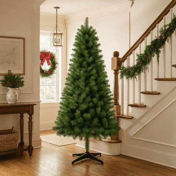 6FT Hinged Unlit Artificial Christmas Tree with 582 Tips, Full PVC Branches, Green Holiday Tree with 4-Leg Plastic Stand for Indoor Christmas Decoration