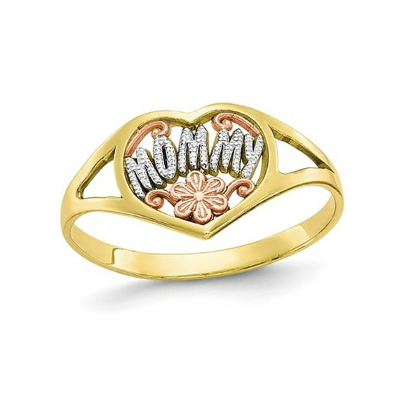 Gem & Harmony 10K Yellow Gold Polished MOMMY Flower Heart Ring for Women