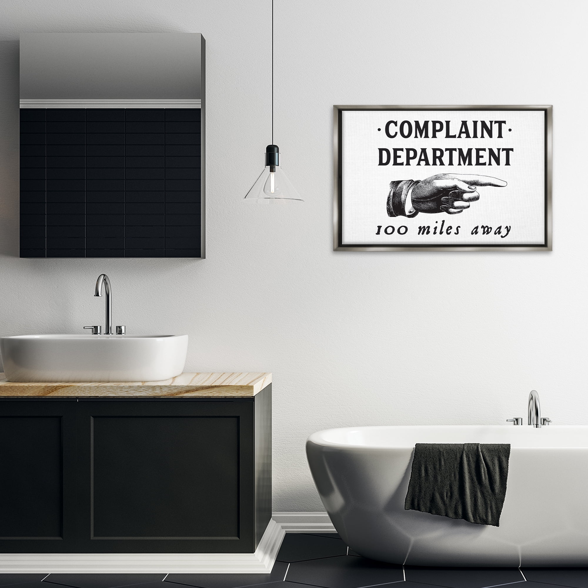 Stupell Industries Complaint Department Pointing Typography Painting Gray Floater Framed Canvas Art Print Wall Art, 31 x 21
