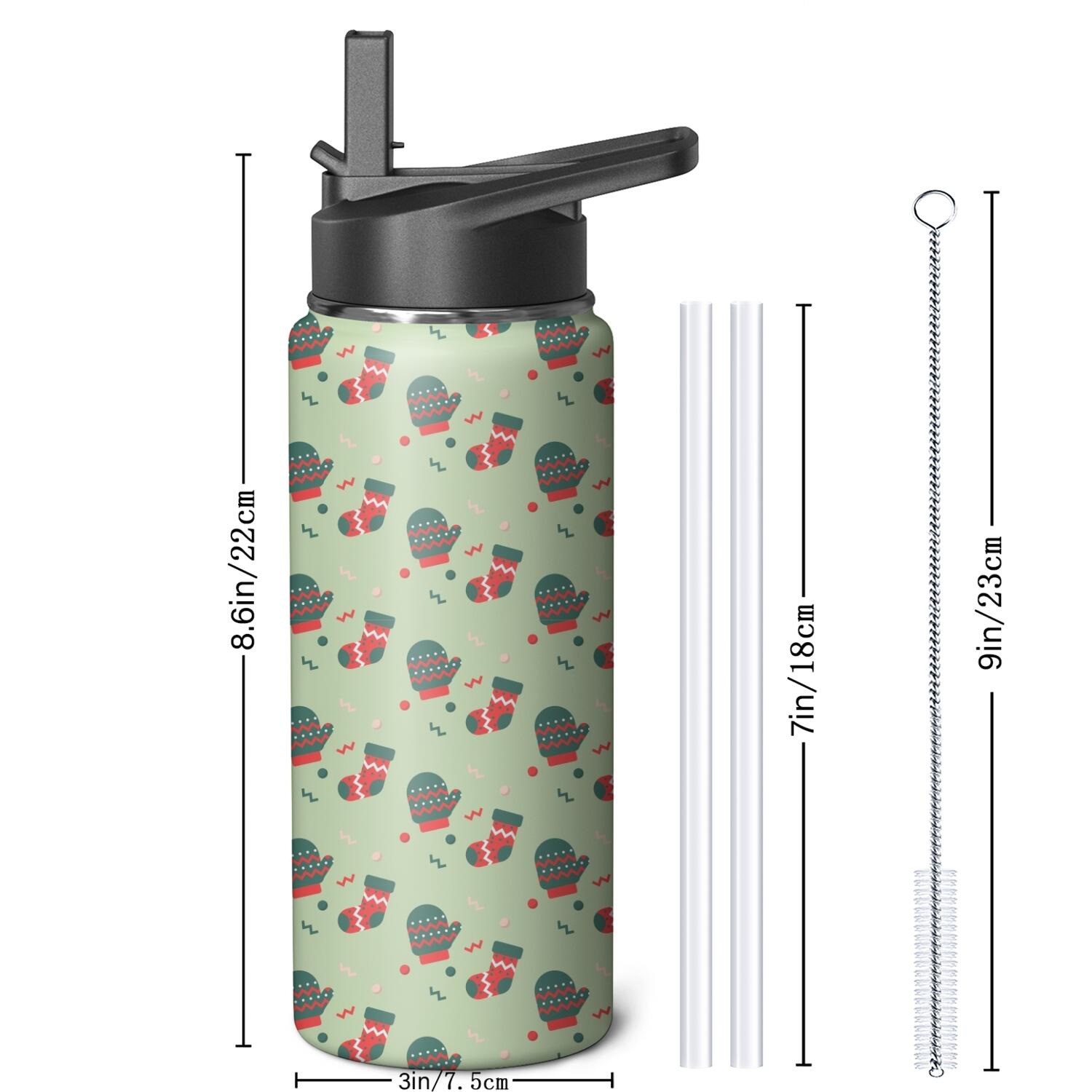 Christmas 18 oz Insulated Stainless Steel Water Bottle with Straw and Cleaning Brush, Leakproof, BPA-Free, Wide Mouth Travel Mug
