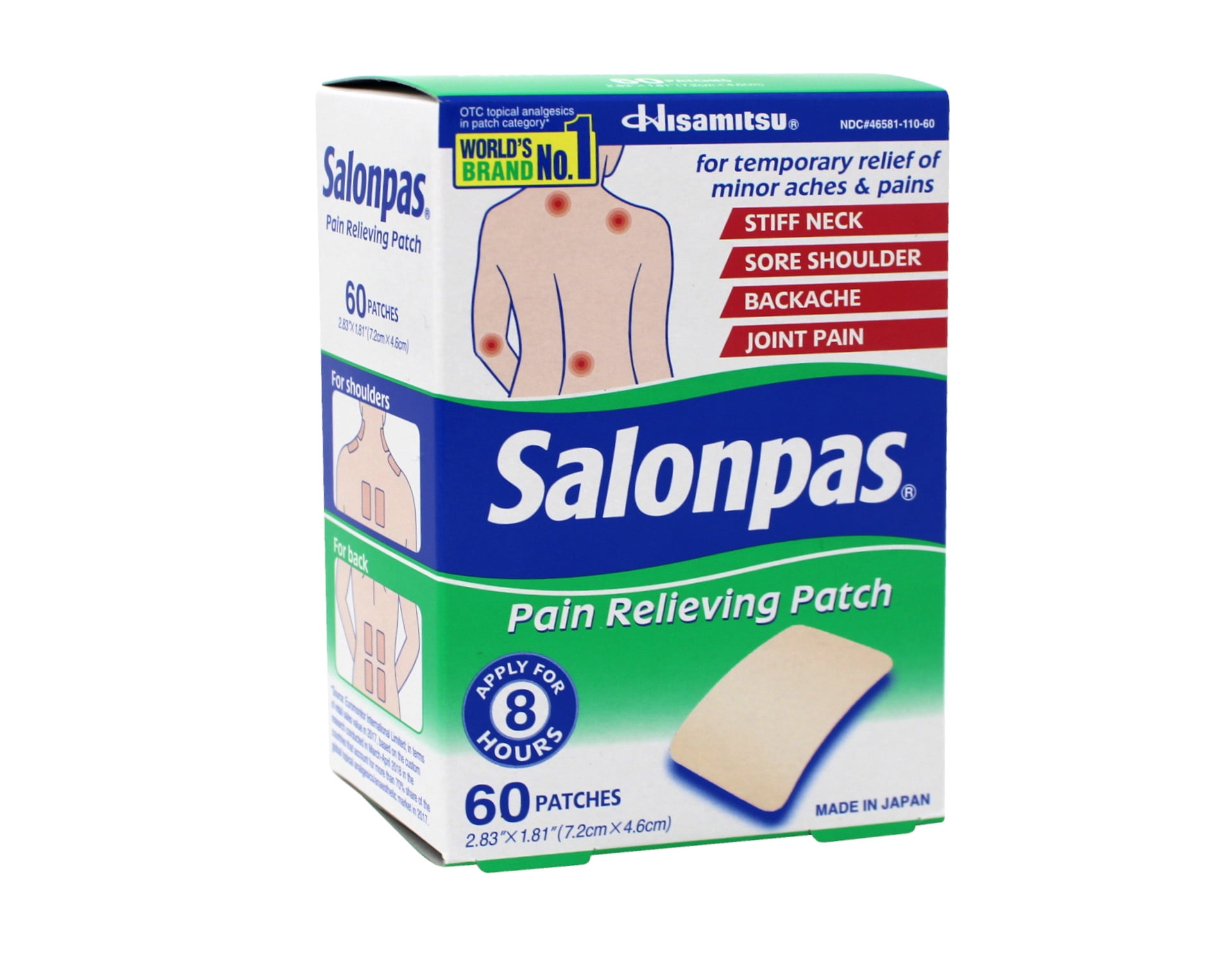 (2 pack) Salonpas 8 Hour Pain Relief Patch With Camphor 3.1% & Menthol 6% for Back & Muscles, 60 Count Pack