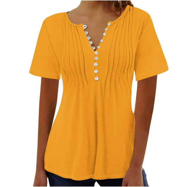 Timegard Hauts d'Été pour Femmes Évasés Manches 3/4 Col en V Boutonné Chemise Froncée Tunique Décontractée Habillée