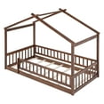 thumbnail image 5 of Twin Size Floor Bed, Pine Wood Montessori Bed with Roof & Full-length Guard Rails, Play House  Bed  Frame for Boys, Girls, Teen, No Box Spring Needed, Walnut, 5 of 8