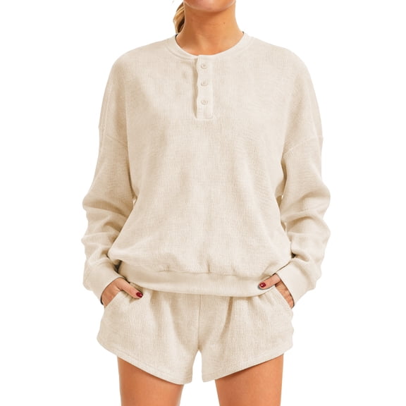 Lumtrix Women'S Oversized Waffle Knit Lounge Set Long Sleeve Sweatshirt And High Waisted Shorts 2 Piece Dressy Casual Outfit Khaki XL