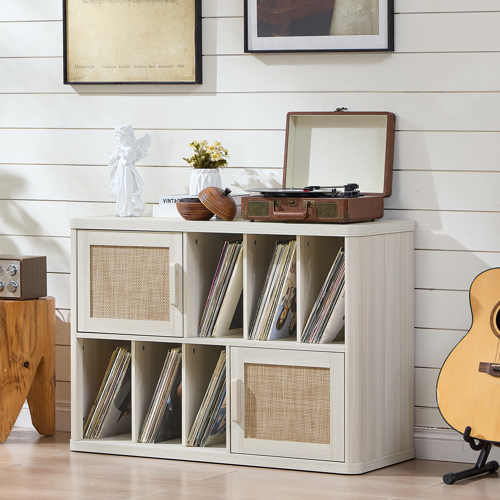 LELELINKY Rattan Record Player Stand, Large Turntables Stand with Vinyl Record Storage Holds up to 450 Albums, Record Player Table for Living Room Office, White