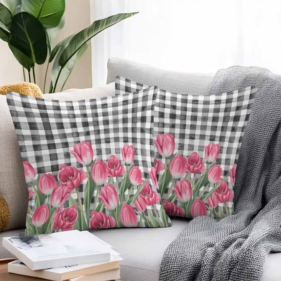 Throw Pillow Covers 16x16 Inch Set of 2, Pink Tulip Flowers Waterproof Outdoor Pillow Covers, Black Buffalo Plaid Spring Floral Plants Decorative Cushion Pillowcases for Couch, Sofa, Bed, Patio