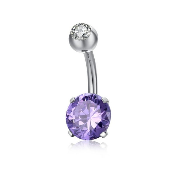 Piercing Jewelry Brass Cubic Zirconia Ring Belly Rings with 304 Stainless Steel Bar Lead Free & Cadmium Free Flat Round Platinum Purple 21x8mm Bar: 15 Gauge(1.5mm) Bar Length: 3/8"(10mm)