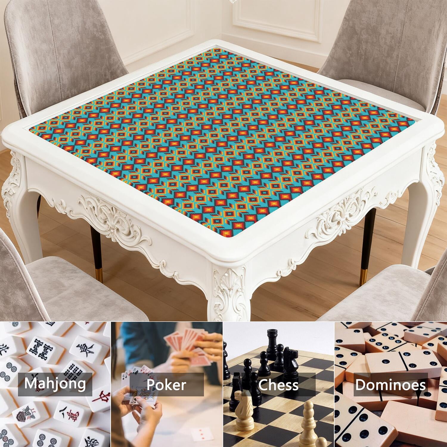 Decorative Boho Print Playing Mat for Mahjong Tables 31.5x31.5 Inch Rubber Surface with Anti-Slip Grip and Noise Dampening for Board Games and Game Room