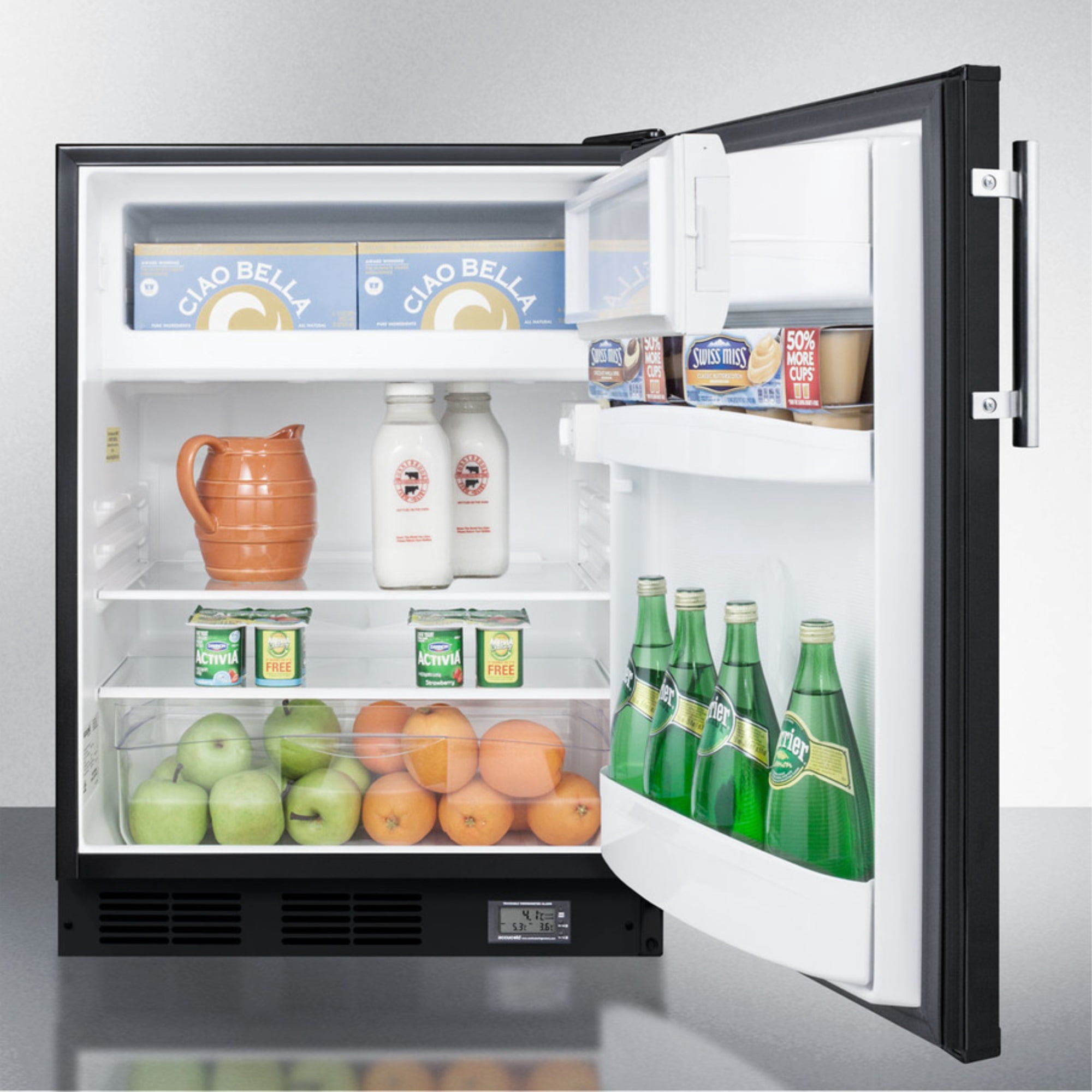 Built-in undercounter ADA compliant break room refrigerator-freezer in black with NIST calibrated thermometer and alarm
