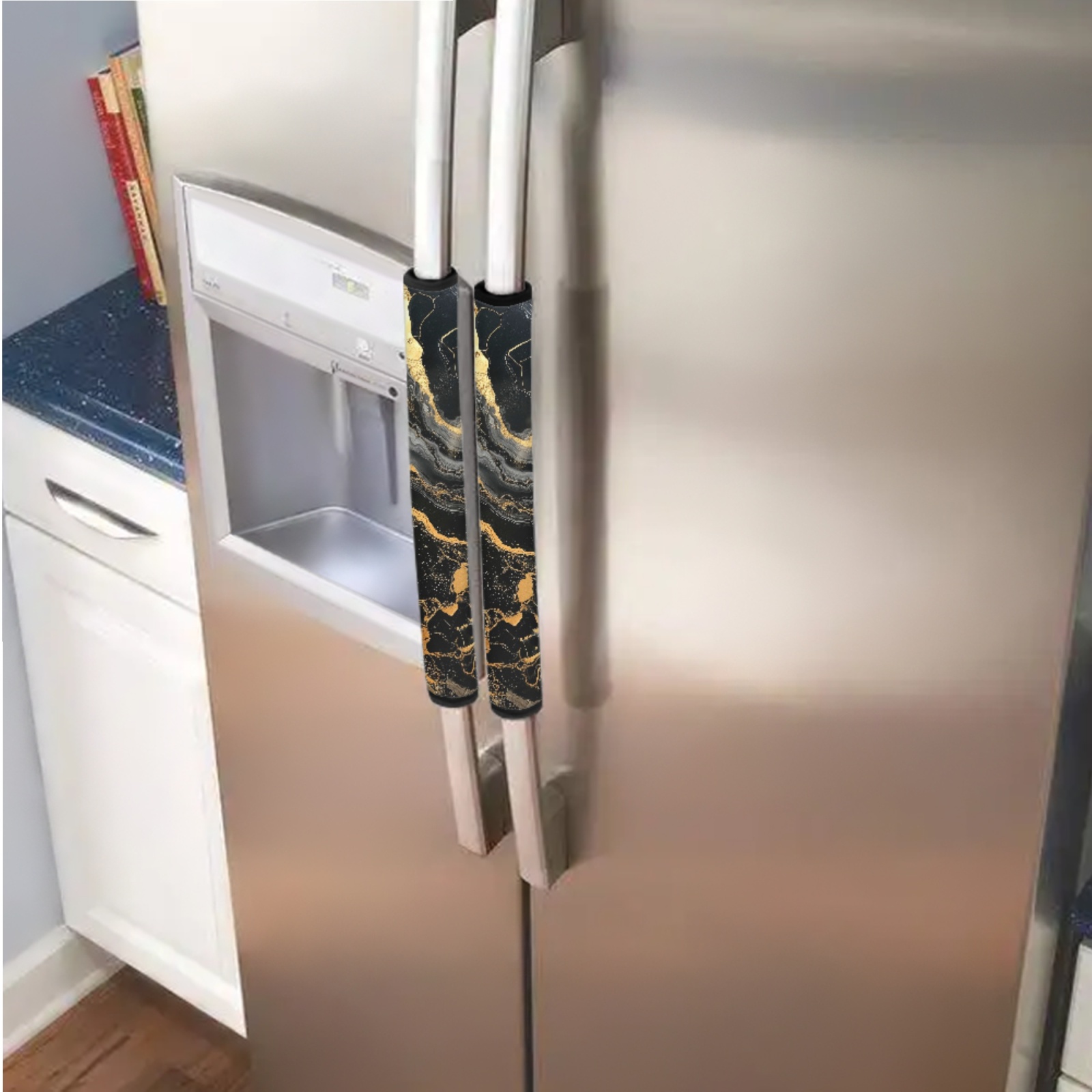 SEANATIVE Fridge Door Handle Covers Set of 6 Waterproof Antiskid Protector Decor Handles for Refrigerator, Microwave, Dishwasher, Kitchen Cabinet, Oven, Black Gold Marble Print