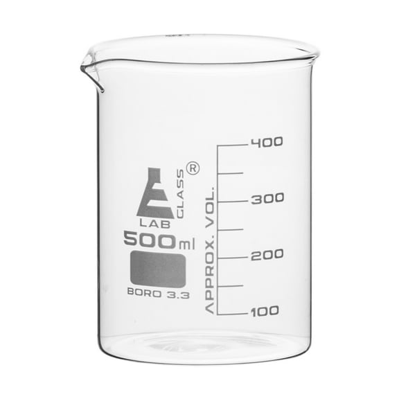 Beaker, 500ml - Low Form with Spout - White, 50ml Graduations - Borosilicate 3.3 Glass - Eisco Labs