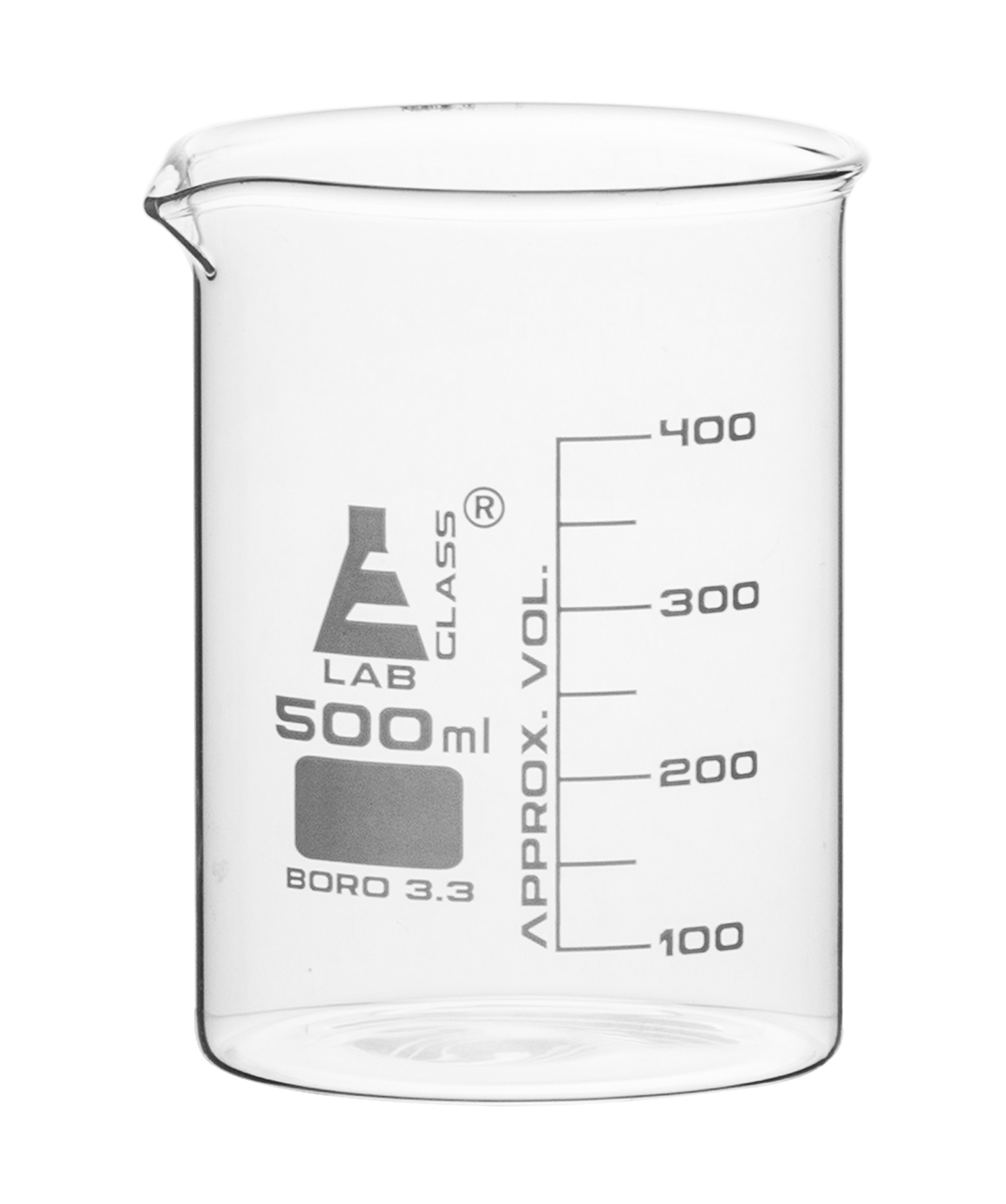 Beaker, 500ml - Low Form with Spout - White, 50ml Graduations - Borosilicate 3.3 Glass - Eisco Labs