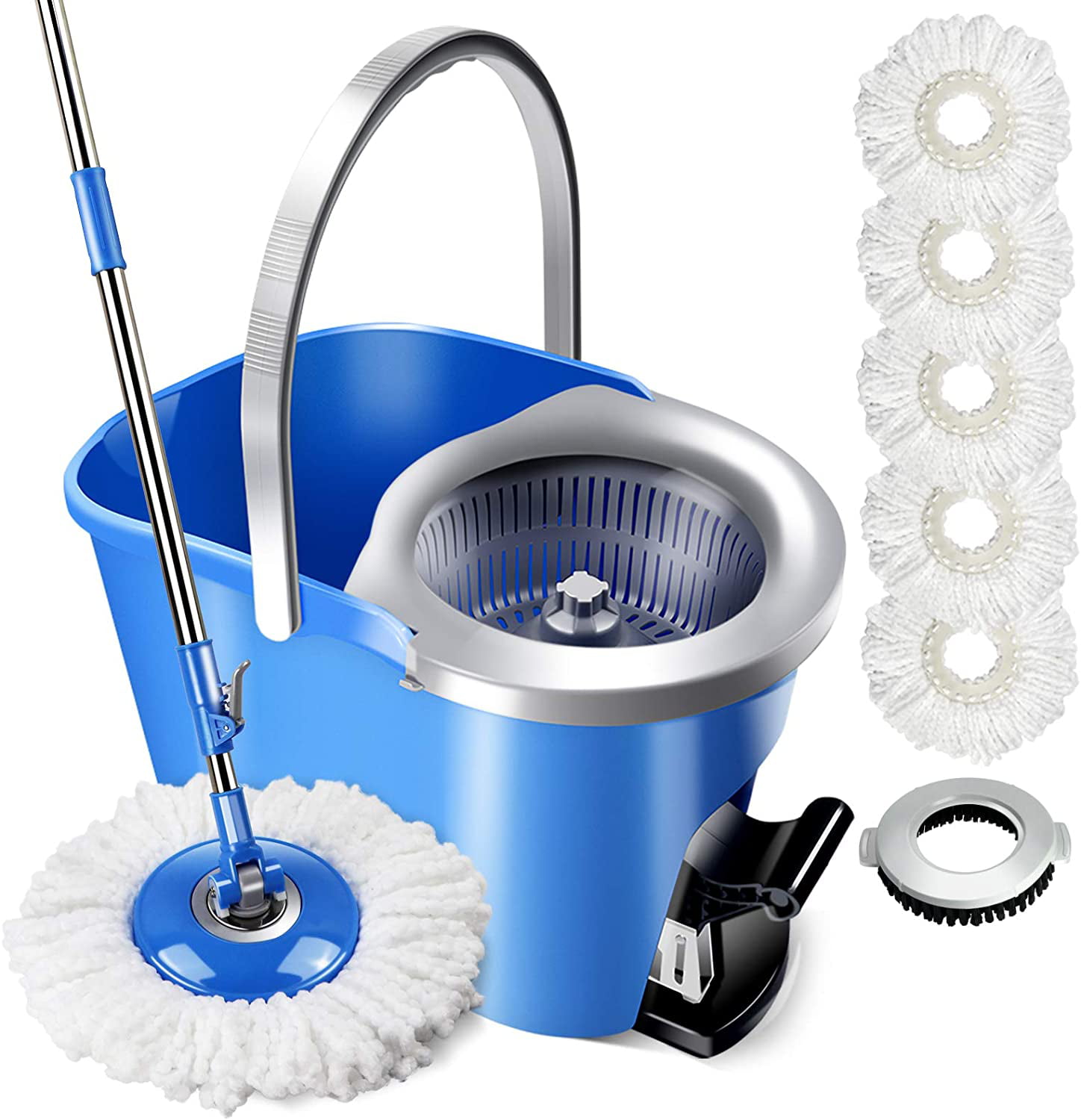 Hardwood Floor Wet Dry Mop Tsmine Floor Mop Dust Mop Commercial Mop Spin Mops for Floor Cleaning Mop and Bucket with Wringer Set with 6 Replacement Mop Heads & 1 Cleaning Brush for Hardwood Laminate 