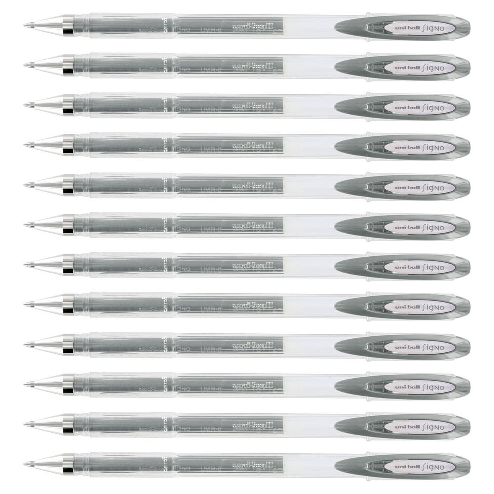 UniBall Signo Gel Stick Pen, 0.7mm, Medium Point, Metallic Silver, 12