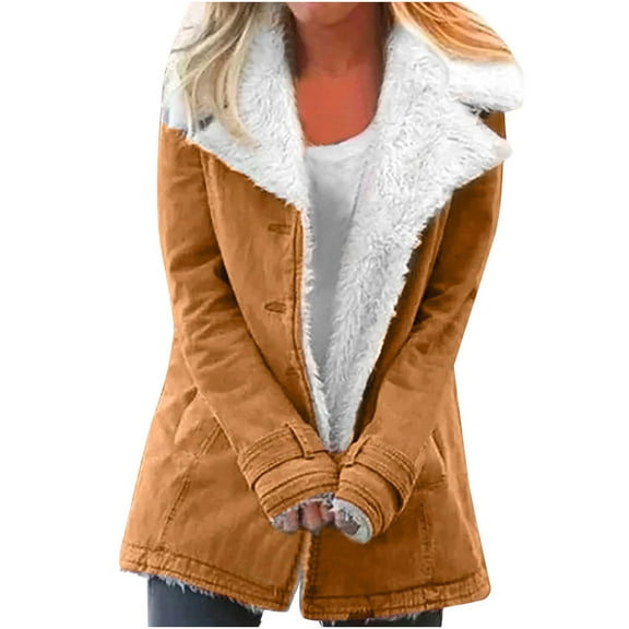 XPMWRP Women's Fleece Lined Button Jackets Long Sleeve Solid Color Fashion Casual Coats Winter Soft Warm Lapel Jackets with Pockets Brown XXXL