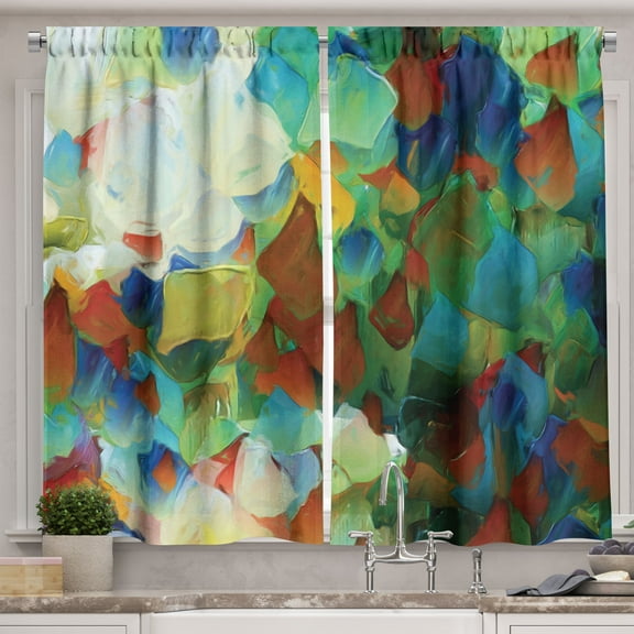 Ambesonne Expressionist Kitchen Curtains, Creative Paint Brush, 55"x45", Green Rust and Night Blue