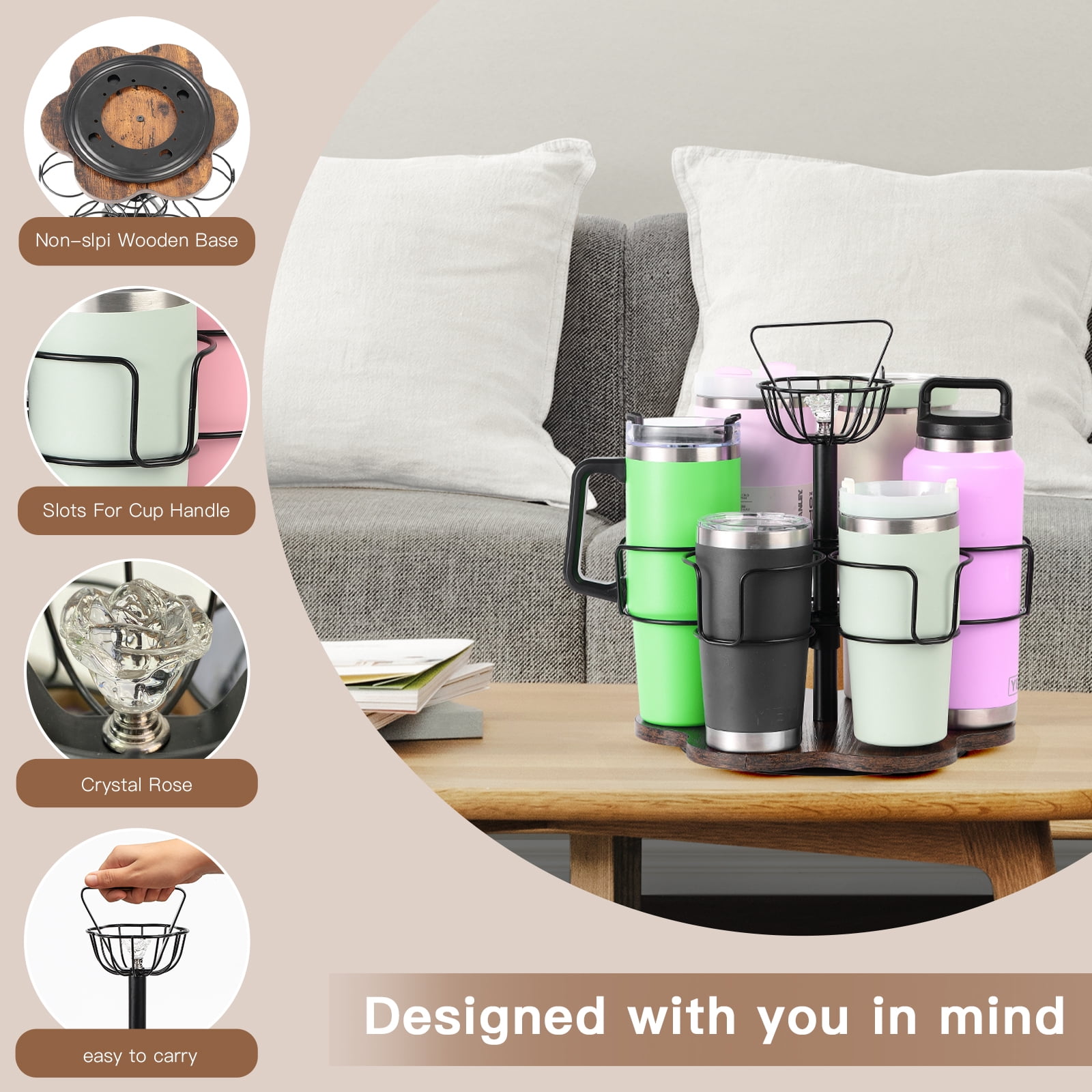 Water Bottle Organizer for Stanley&Yeti, Rotating Stanley Cup Organizer Holder with 6 Slots for 20-40oz, Tumbler Holder Organizer, Stanley Cup Accessories (Brown)