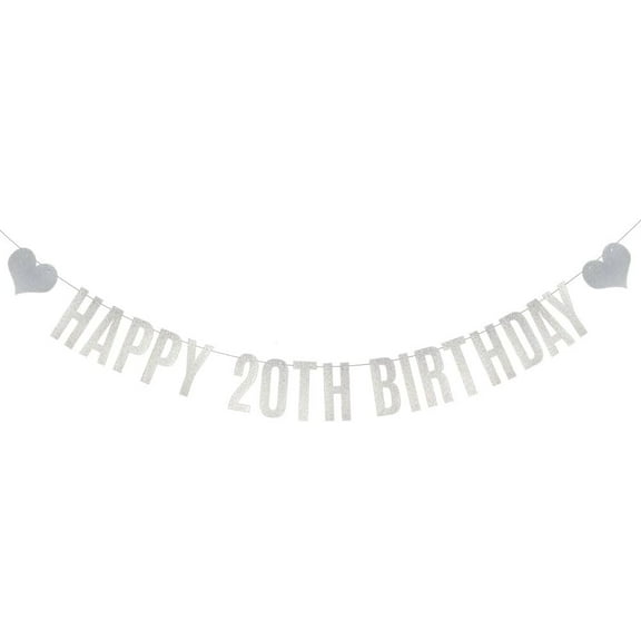 Happy 20th Birthday Banner, ,Silver Glitter Paper Garlands Banner for 20th Birthday Party Decorations Supplies, Letters Silver