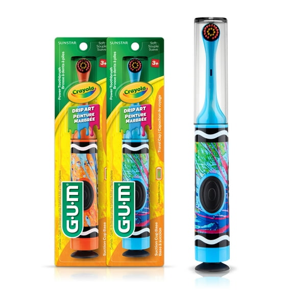 GUM Crayola Drip Art Kids Power Toothbrush, Extra Soft, 1 Count (Pack of 2) with Travel Cap