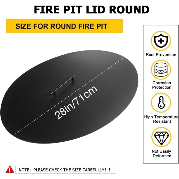 28" Fire Pit Lid Round Outdoor Fireplace Cover Lid Heat Resistant Flat Burner Pan Cover for Round  Fire Pit Prevent Sparks, Snuff Campfire