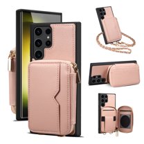 ELEHOLD for Samsung Galaxy S22 Ultra 6.8" Crossbody Leather Case,Card Slots Zipper Wallet Kickstand Premium Leather Full Body Protection with Metal Shoulder Strap Wallet Case, Pink