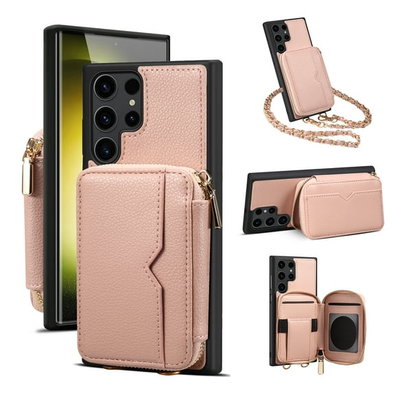 ELEHOLD for Samsung Galaxy S23 Ultra 6.8" Crossbody Leather Case,Card Slots Zipper Wallet Kickstand Premium Leather Full Body Protection with Metal Shoulder Strap Wallet Case, Pink