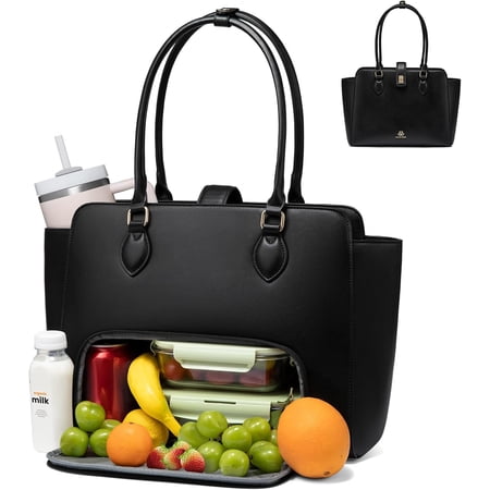 LOVEVOOK Lunch Tote Bag for Women, 2-in-1 Work Tote Bag with Lunch Compartment, Insulated Lunch Bag & 15.6 Inch Laptop Bag for Women, Ideal for Teacher, Nurse and Camping Use, Black