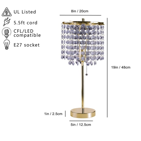 19"H Gold Crystal-Inspired Pull Table Lamp - Metal Table Lamp with Crystal Beads, 8" x 8" x 19", Ideal for Transitional & Glam Rooms