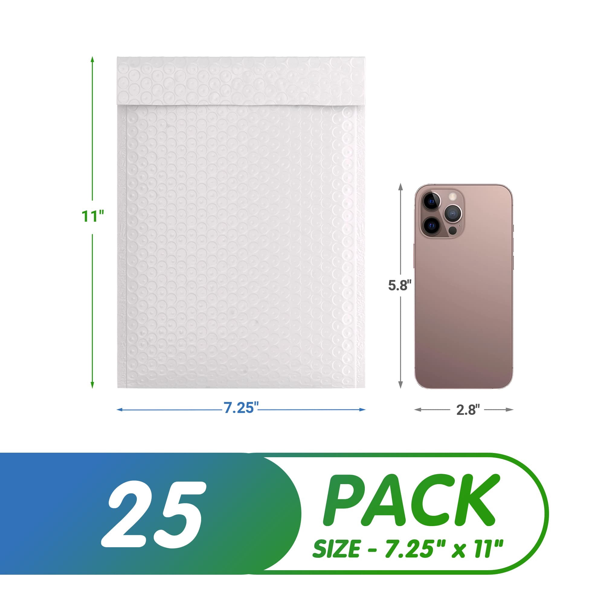 White Poly bubble mailers 7.25 x 11 Padded envelopes 7 1/4 x 11. Pack of 20 Poly cushion envelopes. Exterior size 8 x 11.25 8 x 11 1/4. Peel and Seal. Mailing, shipping, packaging