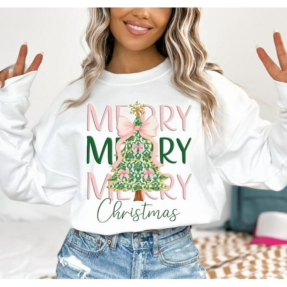 Merry Merry Merry Christmas Sweatshirt, Cute Pink Bow Tree Holiday Crewneck, Cozy Winter Sweater, Christmas Gift for Women Hoodie for Her