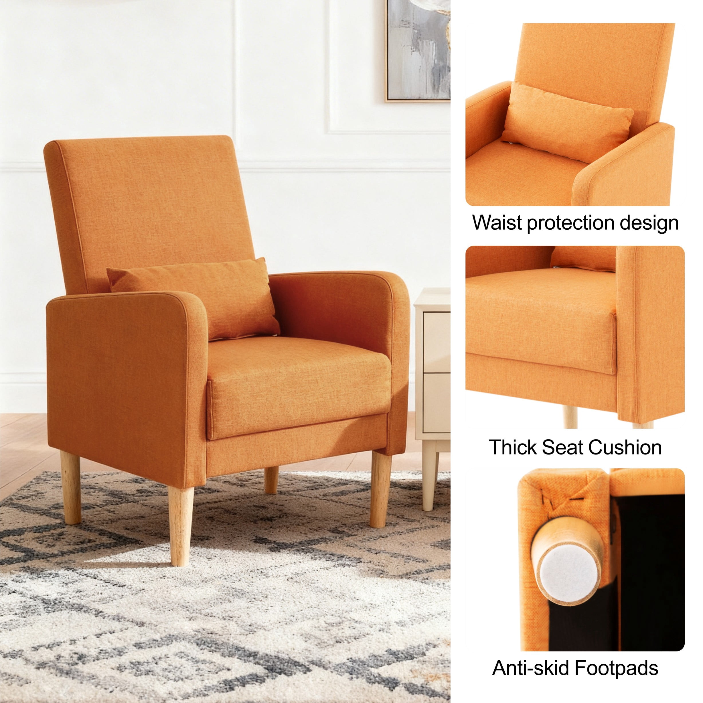 BSHTI 26.5" Accent Chair with Solid Wood Frame, High-Density Foam Seat, 5 Colors, Easy Assembly, Includes Pillow, Linen Orange