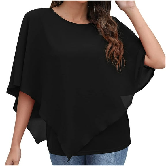 USSUMA T-Shirts for Women Trendy Women's Summer Casual Loose Chiffon Flowy Tops Elegant Batwing Sleeve Irregular Hem Blouses Poncho Shirts