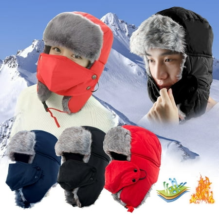 Winter Hat Man Ears Trooper Trapper Hat Cap for Men and Women, Outdoor Winter Hat Snow Ski Hat Windproof Ushanka Russian Snow Hat with Winter Ear Flap and Ski Windproof Mask for Men and Women -Dark Blue, Black,Red ()