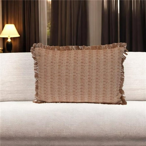 HomeRoots 529245 14 x 20 in. Brown & White Cotton Lumbar Throw Pillow with Fringe