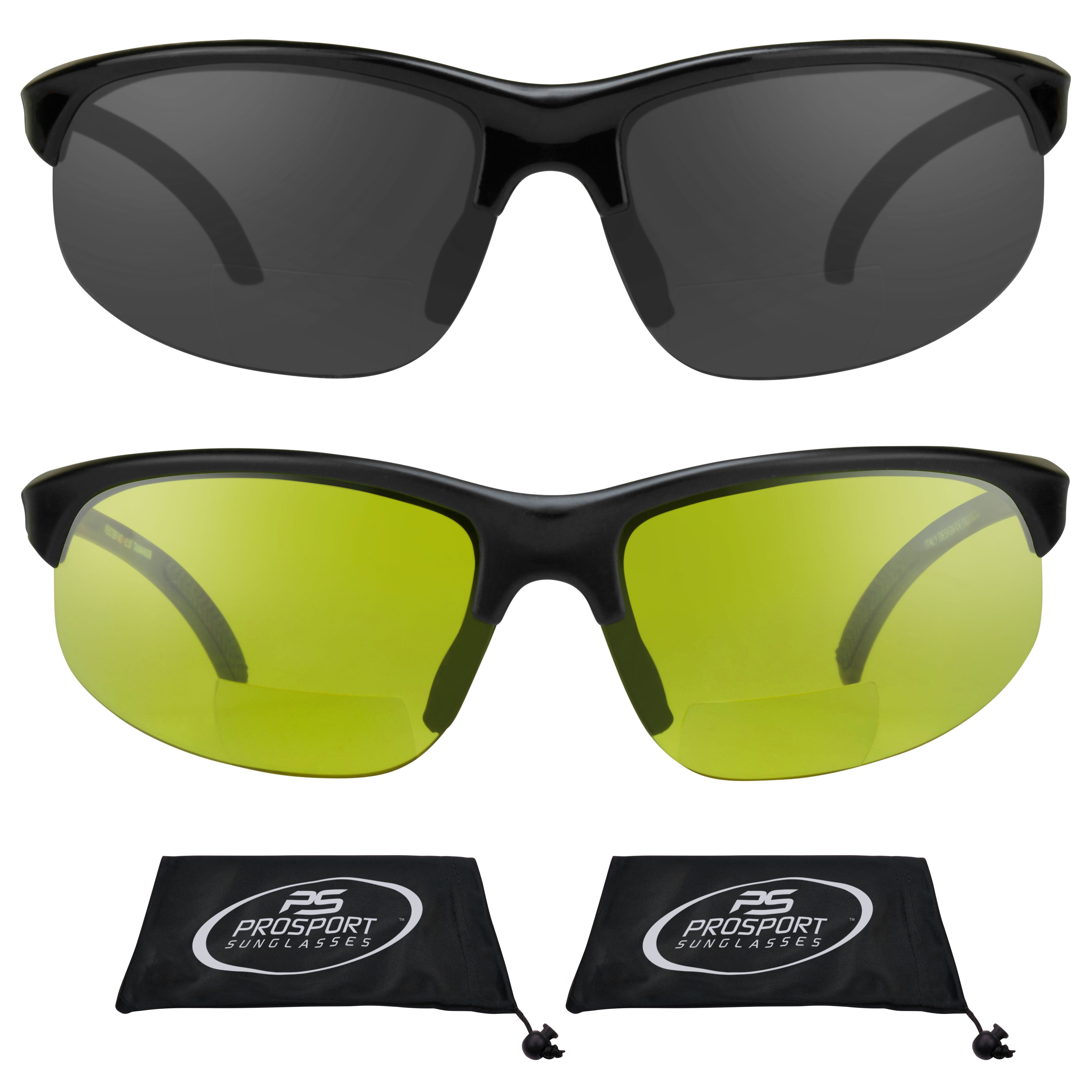 proSPORT Sunglasses 2 Pairs 1.50 Bifocal Reader Sunglasses Dark Gray Smoke  & Optic Yellow Lens Sport Wrap Polycarbonate Golf Cycling Driving Running  Tennis Motorcycle Men Women 
