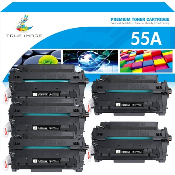 True Image 5-Pack Compatible Toner Cartridge for HP CE255A 55A LaserJet P3015 P3011 P3016 MFCP M525dn M525c M521dn M521dw Printer (Black)