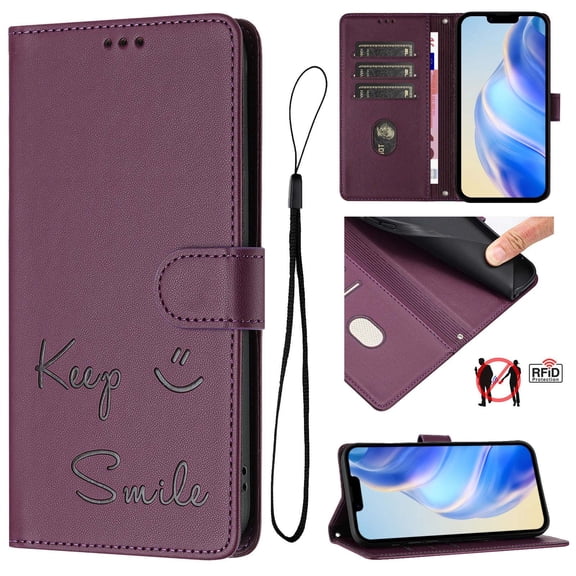 for iPhone 17 Pro Max Case Wallet with RFID Blocking Card Holder, Shoulder Strap & Wrist Strap, Smile Pattern PU Leather Magnetic Clasp Flip Purse Case for iPhone 17 Pro Max, Darkpurple