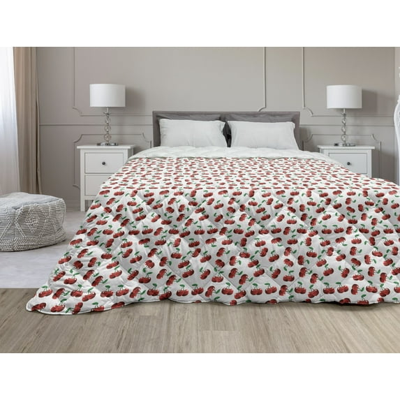 Fruits Down Alternative Comforter, Strawberries Vivid Growth Plant Vitamin Organic Diet Refreshing Image, Microfiber Quilt for All Season, 5 Sizes, Eggshell Red Olive Green, by Ambesonne