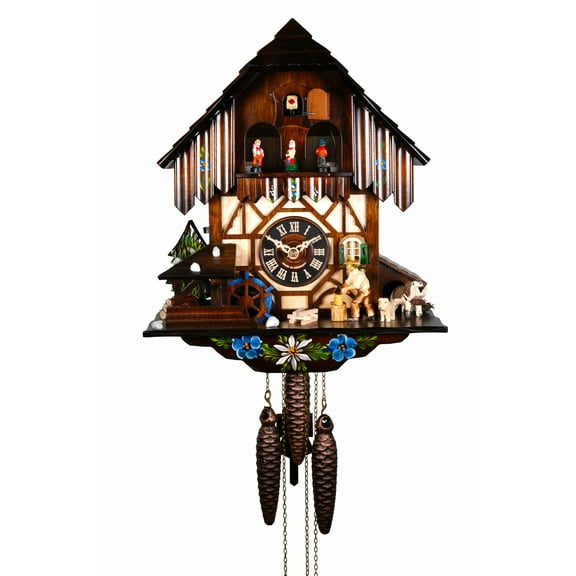 Cuckoo Clock Black Forest house with moving wood chopper and mill wheel