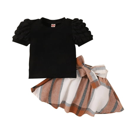 

Toddler Girls Short Sleeve Ribbed T Shirt Tops Plaid Skirt Outfits Baby Clothes Girl Bundles