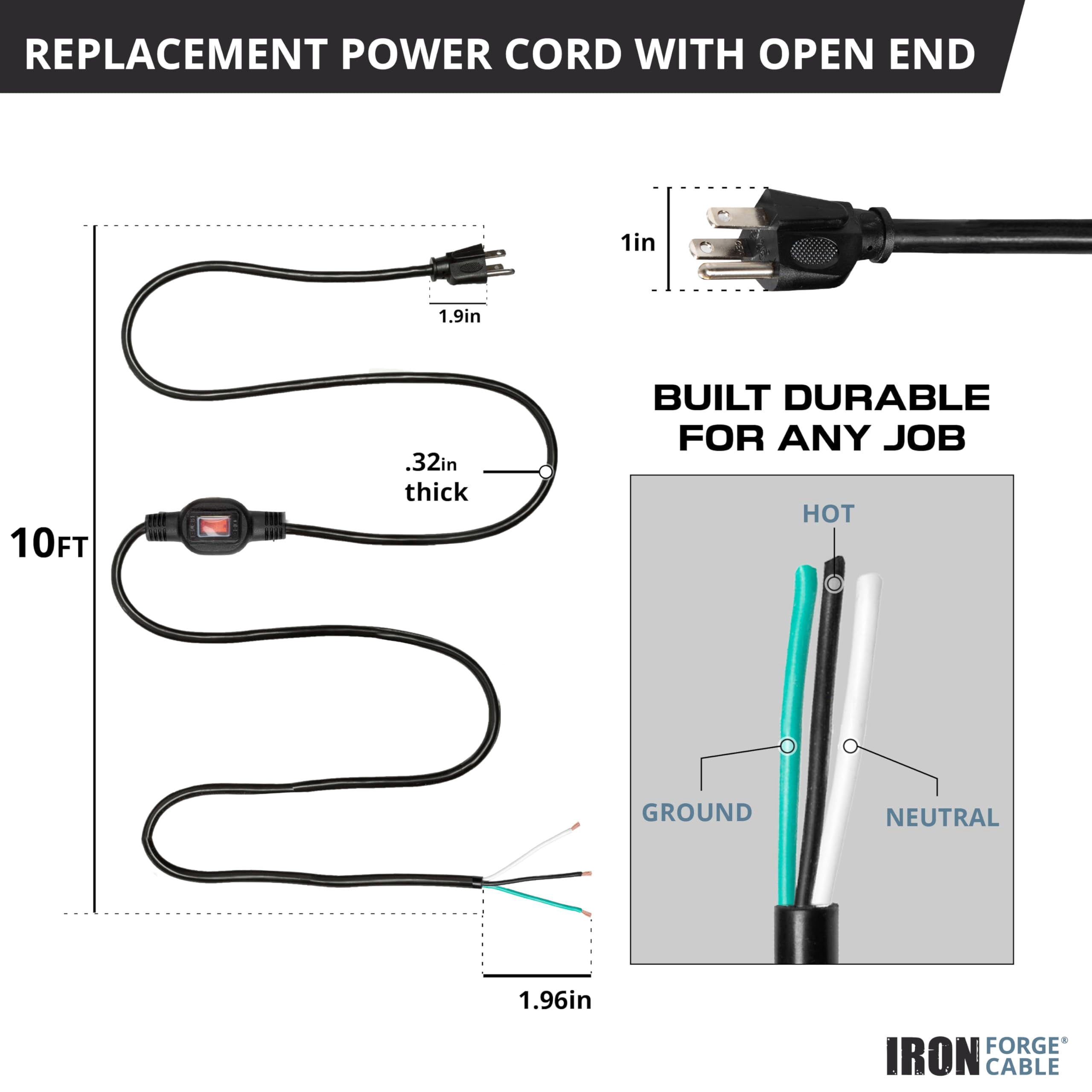 Iron Forge Cable 16 AWG Power Cord Replacement 10 ft with IP65 Waterproof Inline On Off Switch - Black Power Cord 3 Prong, SJTW, NEMA 5-15P, 10 AMP
