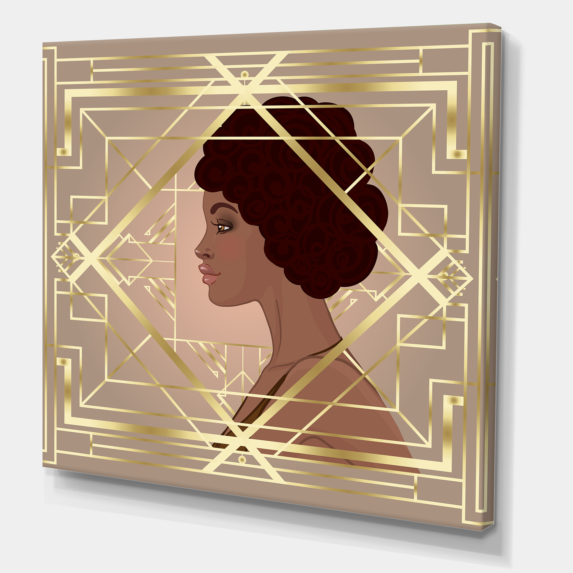 Retro Girl In Golden Art Deco Geometrics II 36 in x 36 in Painting Canvas Art Print, by Designart