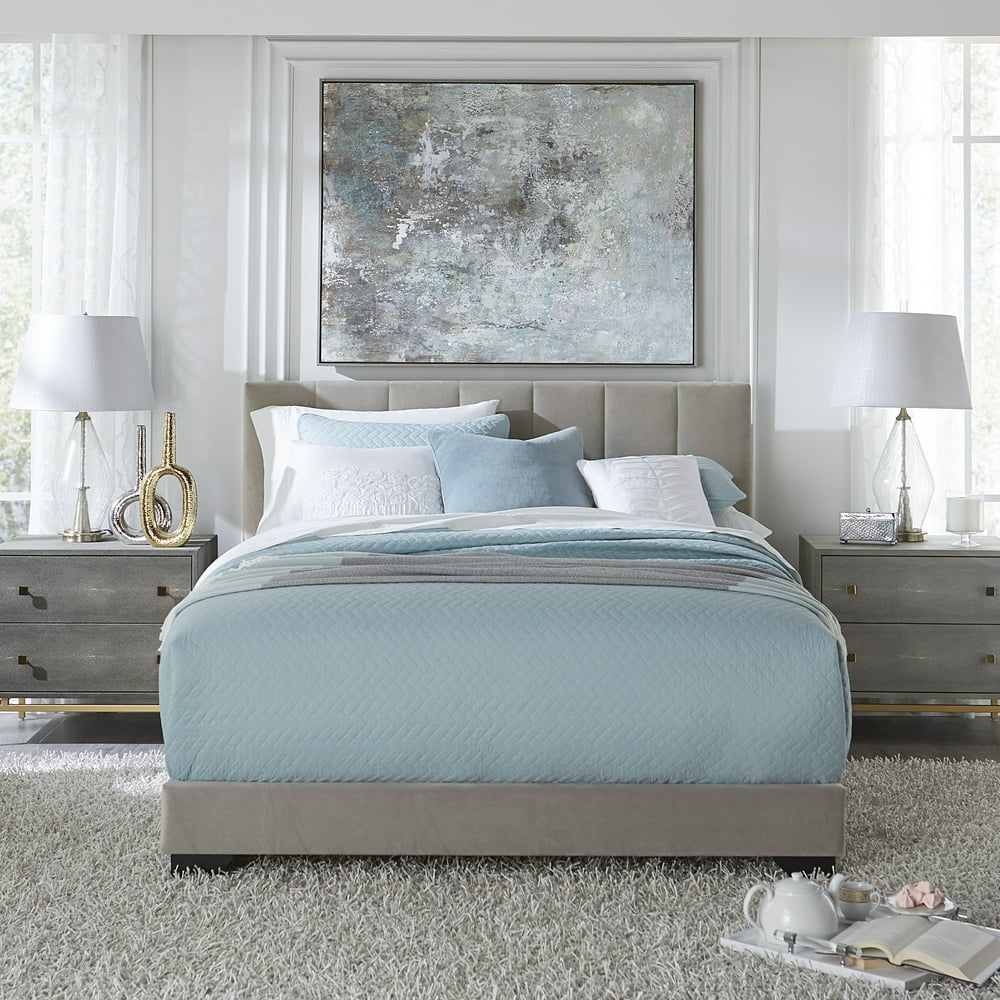 Reece Channel Stitched Upholstered Queen Bed, Platinum Grey, by