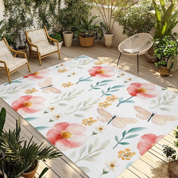 Fsddascl Pink Floral Outdoor Rug for Patio/Deck/Porch, Non-Slip Large Area Rug 4 x 6 Ft, Summer Dragonfly Pastoral Plants Indoor Outdoor Rugs Washable Area Rugs, Reversible Camping Rug Carpet Runner