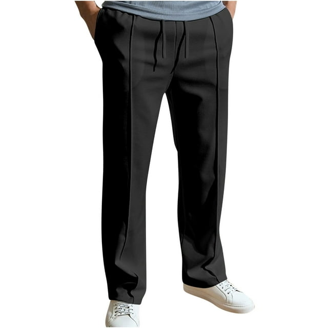 AherBiu Men's Casual Pants Drawstring Elastic Waisted Pleated Front Straight Legs Pants with Pockets Athletic Loose Pants