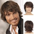 thumbnail image 1 of Pelo corto marrón para hombre, peluca de pelo sintético en capas con flecos, disfraz de fiesta diaria para Halloween, 1 of 5