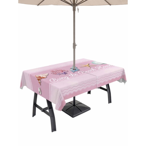 Outdoor Tablecloth with Umbrella Hole and Zipper, Pink Summer Coastal Rectangle Table Cloth 54x80 Inch Waterproof Tablecloth, Modern Ocean Waves Starfish Shell Picnic Table Cover for Patio Camping
