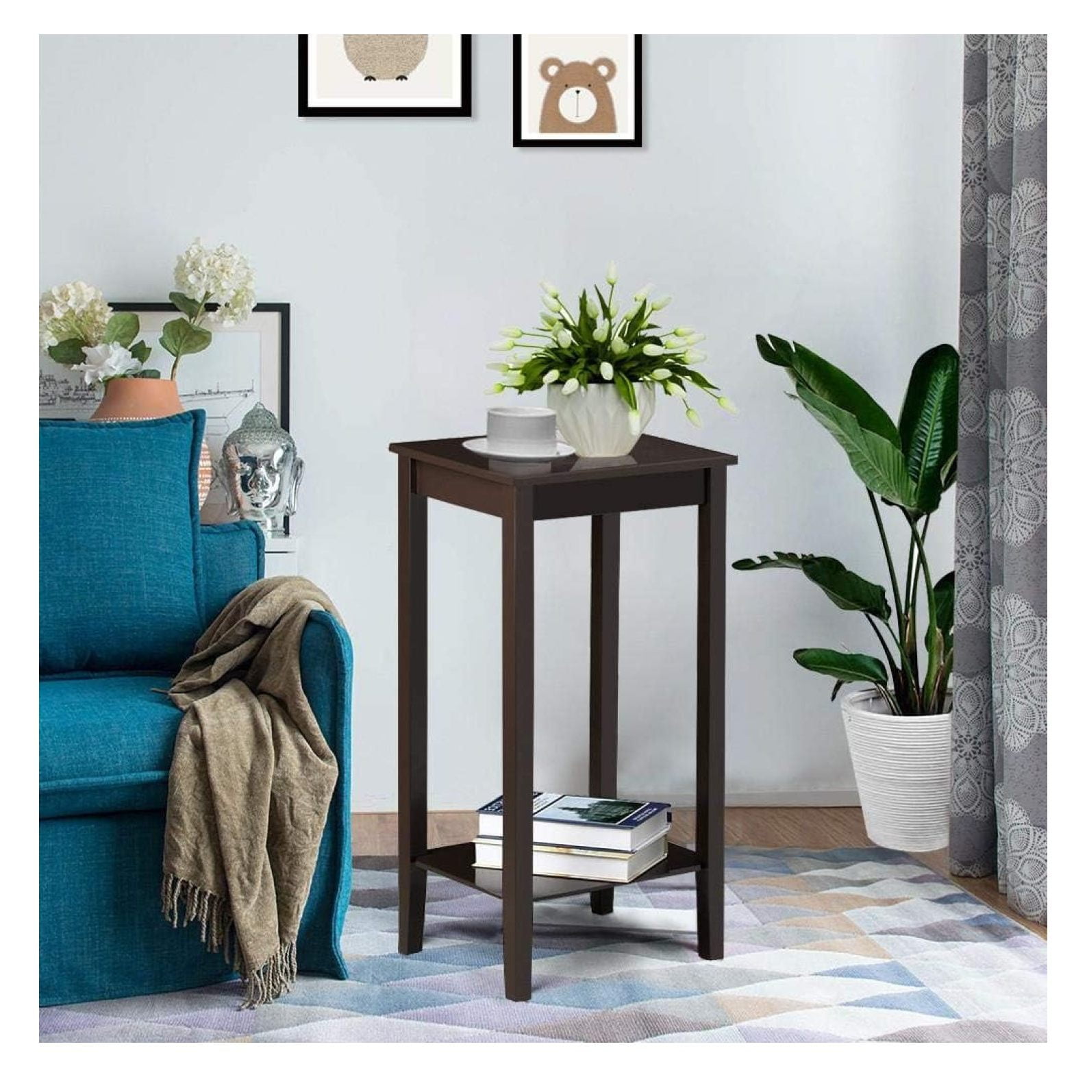 2-Tier Tall End Table with Storage Shelf and Solid Wood Legs, Sofa Side Table Telephone Table for Living Room/Couch/Hallway/Small Spaces, D12xW15xH29 Inches, Dark Coffee