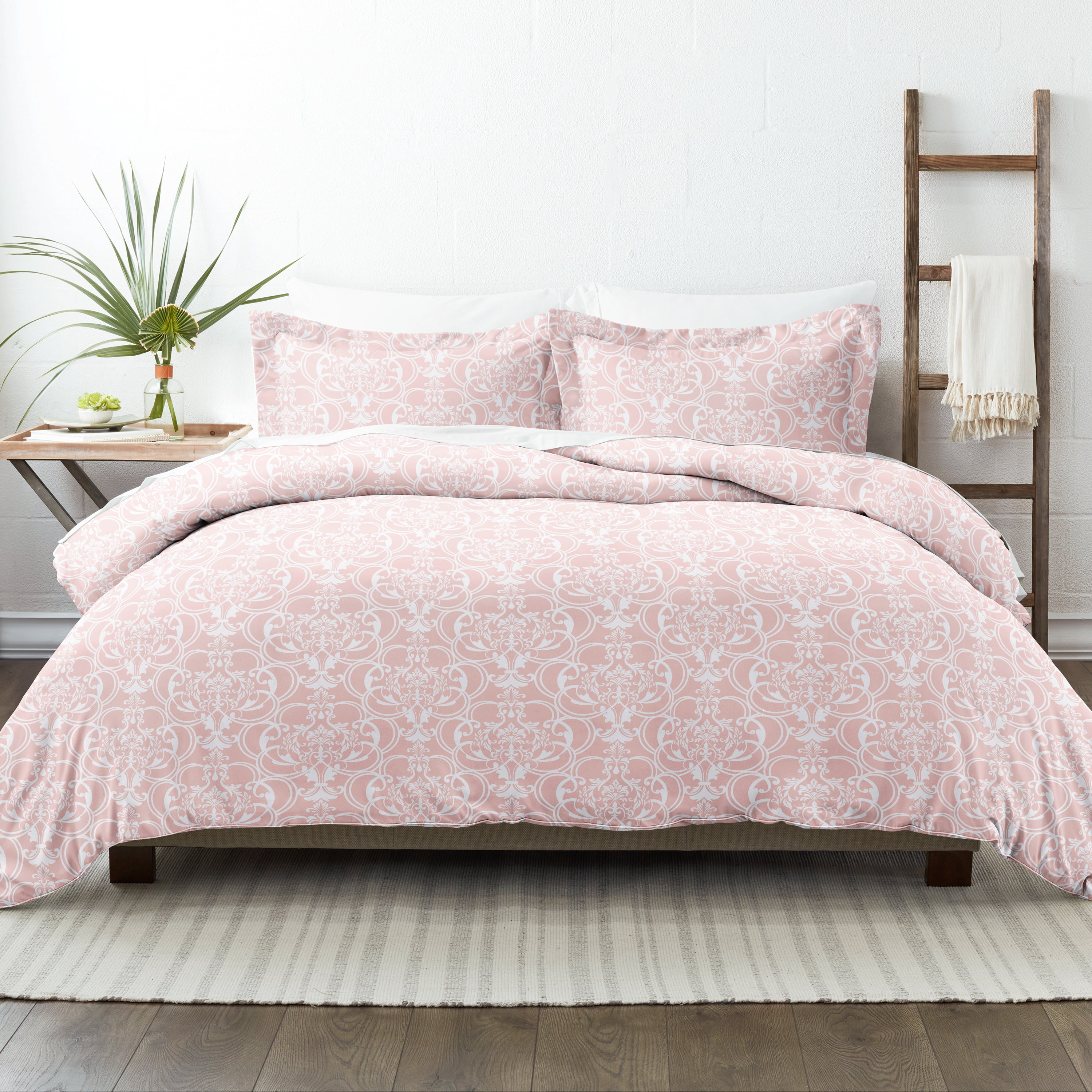 Noble Linens Pink Romantic Damask Pattern 3-Piece Duvet Cover Set, King/Calking