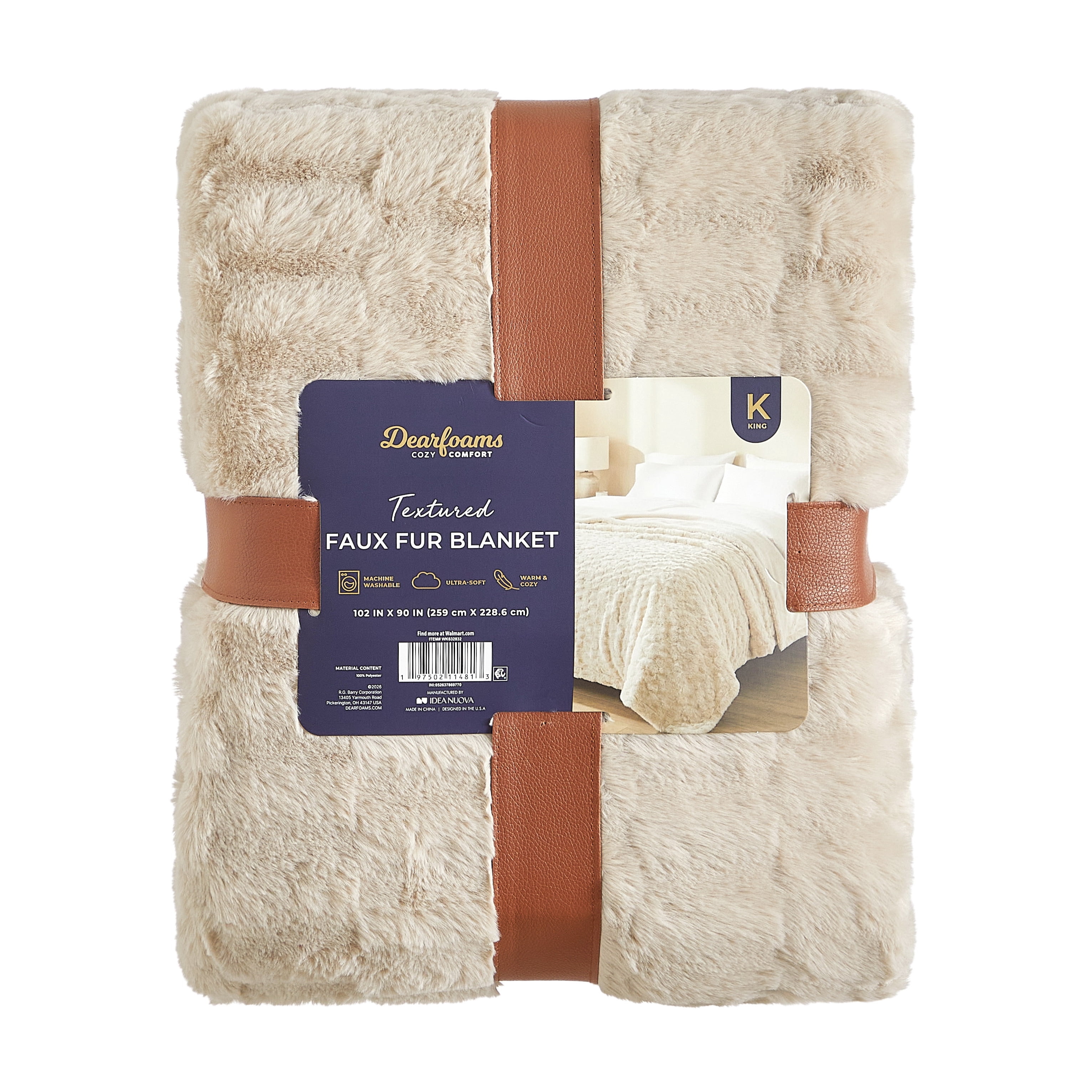 Dearfoams Textured Faux Fur Reversible Mink Bed Blanket, Beige, King, 102 x 90 in